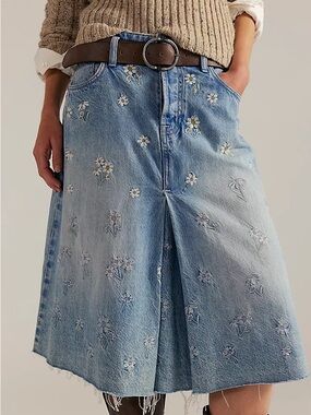 Free People Blue Denim Floral Embroidered Skirt